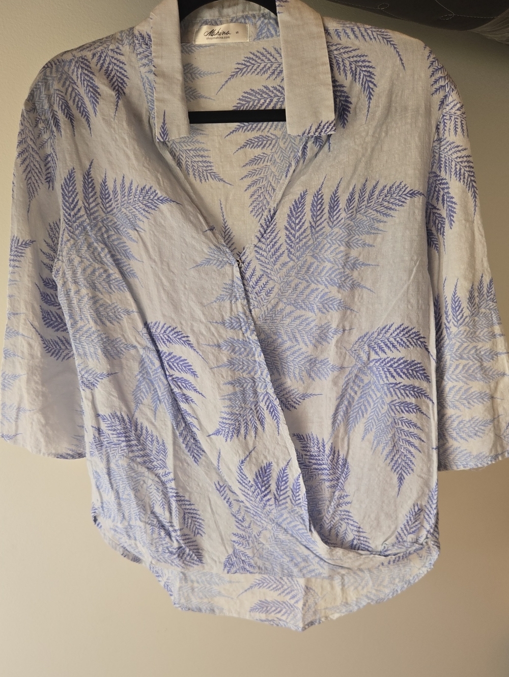 mahina Pale Blue Fern-Print Wrap Blouse